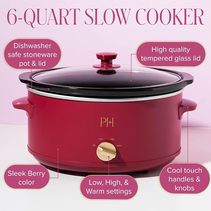 Paris Hilton 6-Quart Manual Slow Cooker, Naturally Nonstick Stoneware Ceramic Insert, Three Settings (Low, High, Warm), Dishwasher Safe Family Size Slow Cooker, Berry