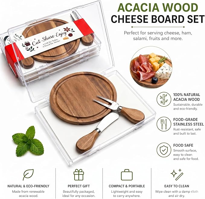 Upgraded Storage-Ready Mini Charcuterie Cheese Board & Serving Tray, 1-Pack 6-Inch Small Personal Plate with Knife & Fork, Acacia Gift package for Baby Shower Party, Handcrafted Rustic