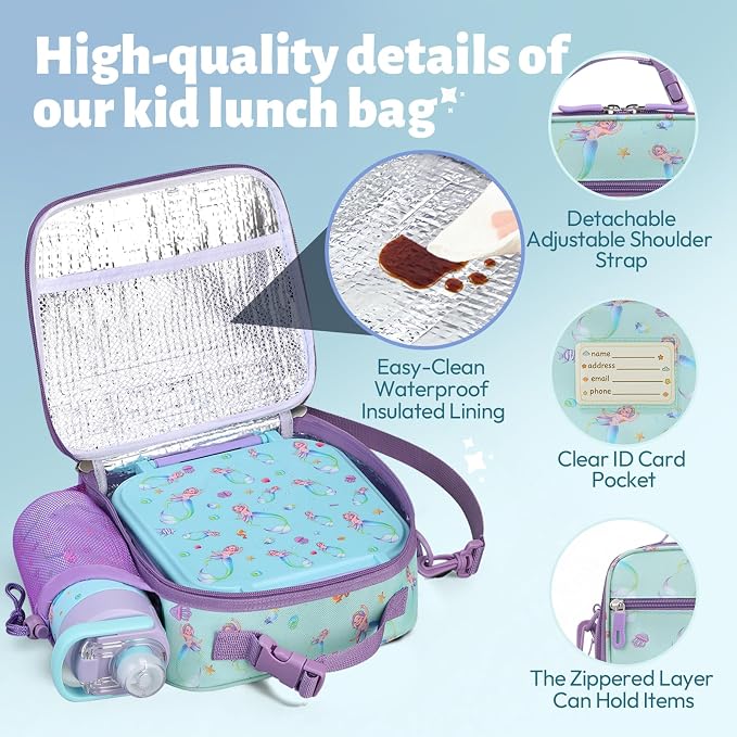Itslife Bento Box for Kids Set, insulated food container,kids lunch box, 7 oz thermos for hot food, 12 oz thermos water bottle, Reusable Insulated Ice Bag & Fork Spoon Utensils Camping Travel Purple