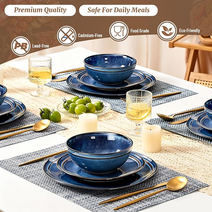 Plates and Bowls Sets 12 Pieces, Blue Reactive Glaze Dinnerware Set | Ceylon Blue Reactive Glaze Stoneware Dishes Service for 4, Handmade Dinnerware Scratch Resistant, Dishwasher Microwave Safe