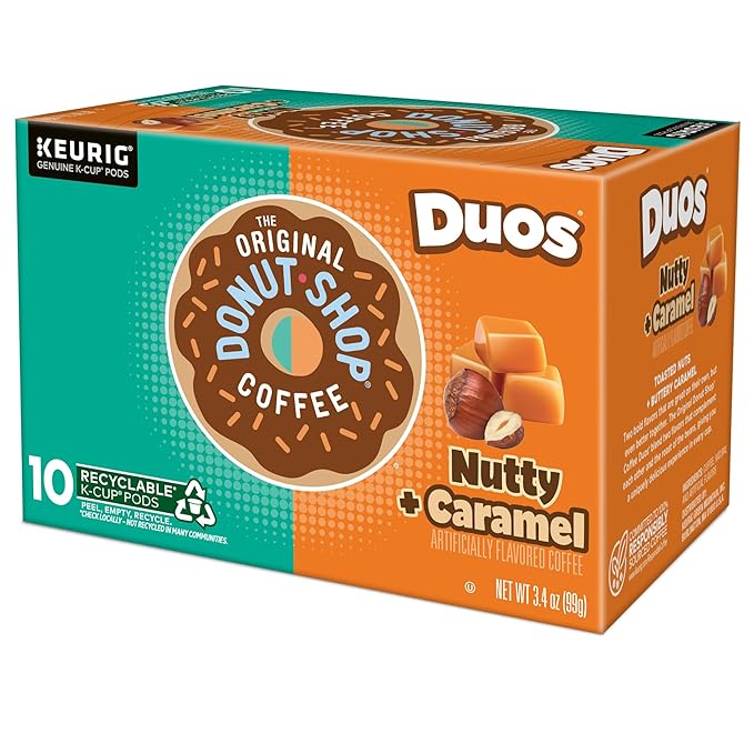 The Original Donut Shop Duos Nutty + Caramel Coffee, Keurig Single Serve K-Cup Pods, Light Roast Coffee, 60 Count, (6 Packs of 10)