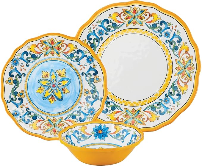 UPware 12 Piece Chianti Melamine Dinnerware Sets, Outdoor Dishes Set, Plates and Bowls Sets, Service for 4, Multicolor