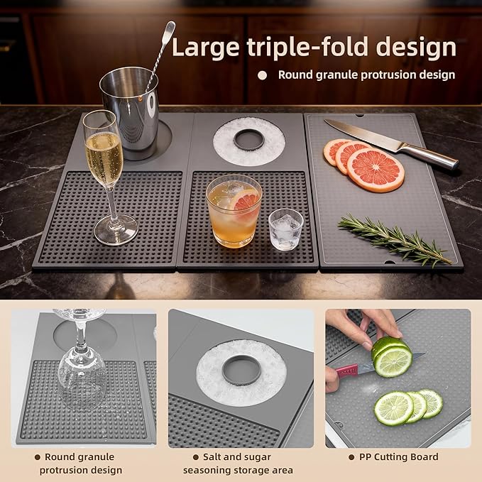 12'' x 22'' Silicone Cocktail Bar Mat for Bartending & Home Bar - Multifunctional Folding Drink Mat with Cutting Board - Portable Black Bar Countertop Accessories & Spill Mat（GREY）