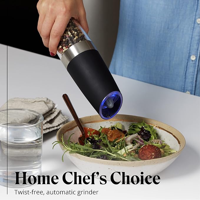 Willow & Everett Electric Salt and Pepper Grinder Set - Battery-Operated, Automatic Salt and Pepper Shakers - Black and Stainless Steel Gravity Electric Salt Grinder & Pepper Mill for Seasoning