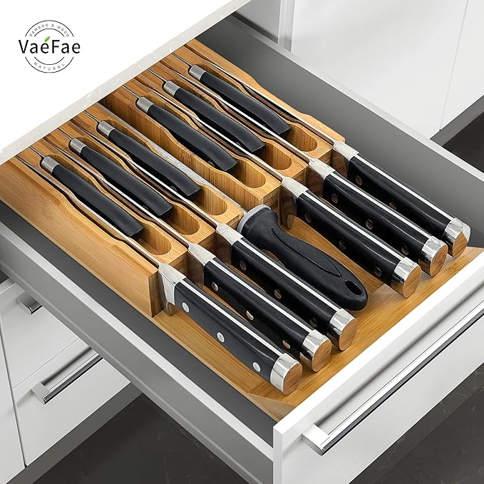 VaeFae Bamboo Silverware Drawer Organizer and Bamboo Knife Drawer Organizer Insert Bundle