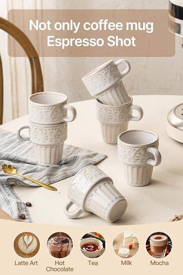 LYEOBOH Cappuccino Cups, Espresso Cups, Coffee Mugs Set of 6, Ceramic Cup, 6 OZ Beige Stackable Mug Set of 6, Easy To Clean Comfortable Handle for All Ages, Great for Party Dinner & Festival Gifts