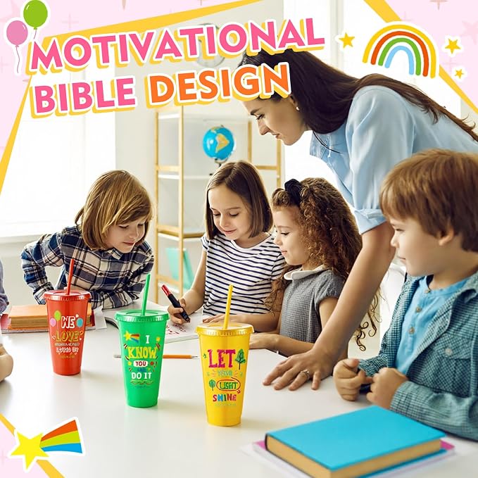 Uiifan 100 Pcs VBS Christian Cups for Kids Bulk, Reusable Plastic Tumblers with Lids and Straws, Bible Verse Cups for Sunday School, VBS, Church Events, Classroom Rewards, Kids Party (Multicolor)