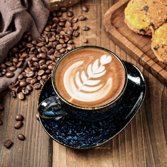 vicrays 6.5 oz Cappuccino Cups with Saucers, Set of 4, Ceramic Coffee Cup for Au Lait, Double shot, Latte, Cafe Mocha, Tea (Starry Blue)