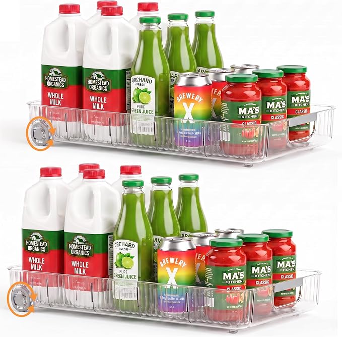 Fridge Organizer Bins with Wheels, Pull Out Fridge Organizer, Adjustable Dividers and Easy Pull Handles, Clear Plastic, 2-Pack, Suitable for Kitchen, Pantry and Cabinet Deep Shelves