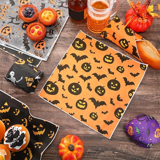 Reallnaive 600 Pcs Halloween Theme Wax Paper Sheets 12 x 12 Inch Parchment Deli Tissue Paper Sandwich Wrapping Sheets Food Basket Liners for Kitchen Restaurant Baking Supplies, 6 Styles