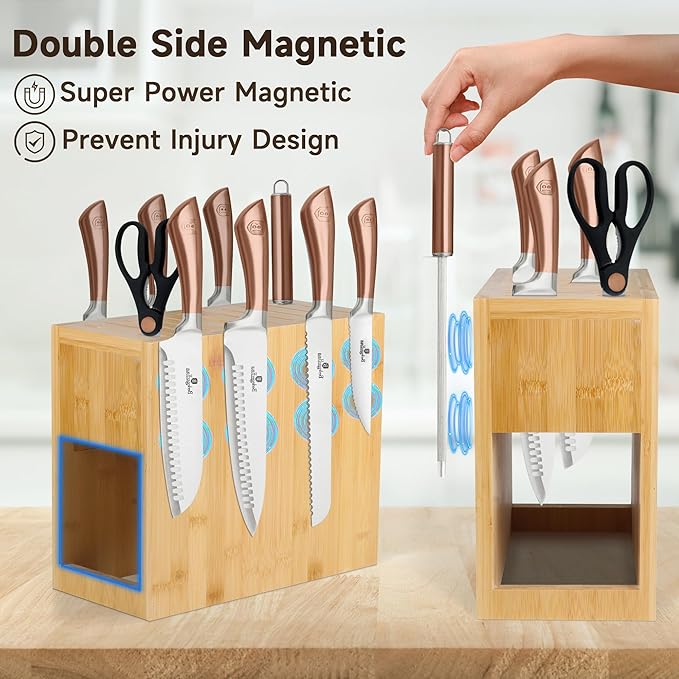 Double-Sided Magnetic Knife Holder Rack - Bamboo Wood Storage Stand with Absorbent Protection Pad, Can Hold Up to 26 Knives.