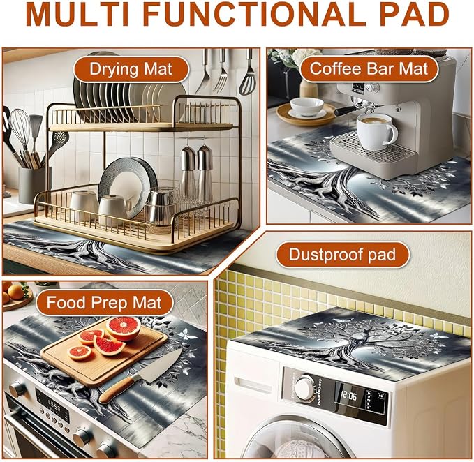 HOMETITUTE Diatomite Tree of Life Stove Top Cover for Electric Stove Butterfly Dish Drying Mat 28x20 Inch Kitchen Protector Heat Resistant Pad Coffee Mat
