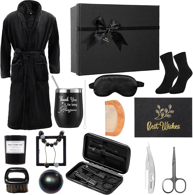 Nuogo 15 Pcs Birthday Gifts for Men Beard Care Set for Him Dad Birthday Gifts Basket Ideas Kit for Men Tumbler Bath Robe for Father's Day Dad Husband Boyfriend Box (Unhooded,Black)