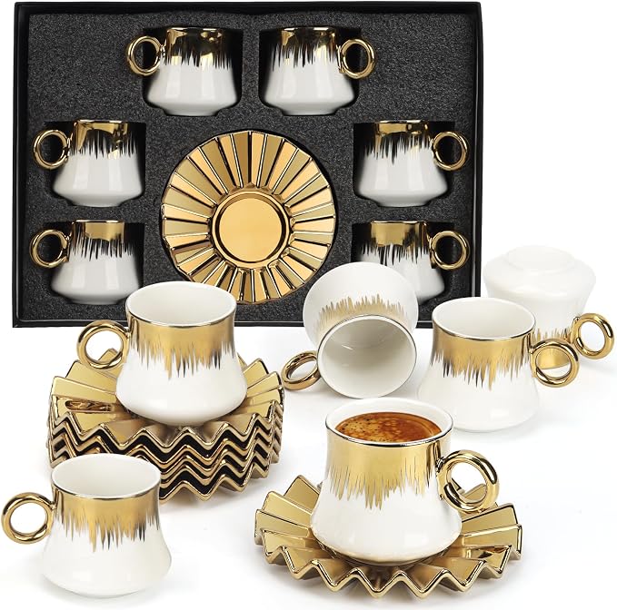 Coffee Cup Set of 6 with Saucers, 3.5 OZ Ceramic Espresso Cups, Demitasse Turkish Coffee Cup Gift for Double Shot, Latte, Cafe Mocha, Dishwasher & Microwave Safe, Deco Golden