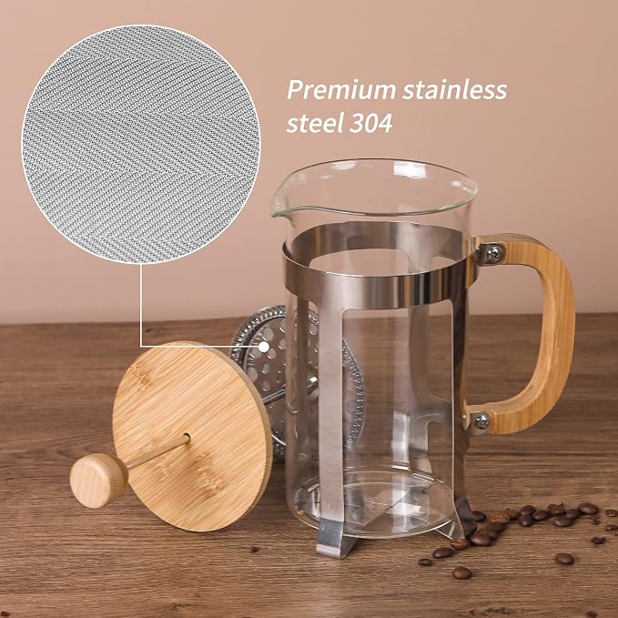 Sivaphe Moka Pot Stainless Steel 6 Cup and French Press Coffee/Tea Maker 34 oz with Bamboo Lid and Hand High Borosilicate Glass 1000ml Coffee Brewer Set