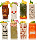 LEMONSODA Ceramic Hawaiian Tiki Glasses - Set of 8 - Tropical Drinkware Tiki Mugs for Cocktails, Barware & Luau Decor