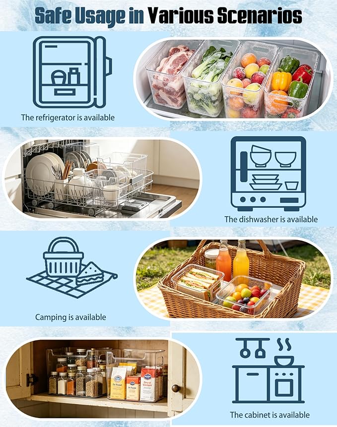 Crystal Clear Freezer Storage Bins - 8 Pack Clear Plastic Bins for Refrigerator and Pantry, Stackable Kitchen Cabinet Organizer with Handles for Frozen Food, Meat & Veggies (4L+4S)