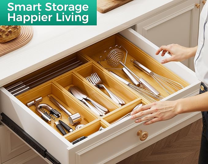 Bamboo Kitchen Drawer Organizer Boxes – 12" x 6" Stackable Wood Silverware Utensil Tray for Drawers Bins, Cutlery & Flatware Storage – Wooden Organizers Set of 2 for Junk Drawer, Bathroom, RV