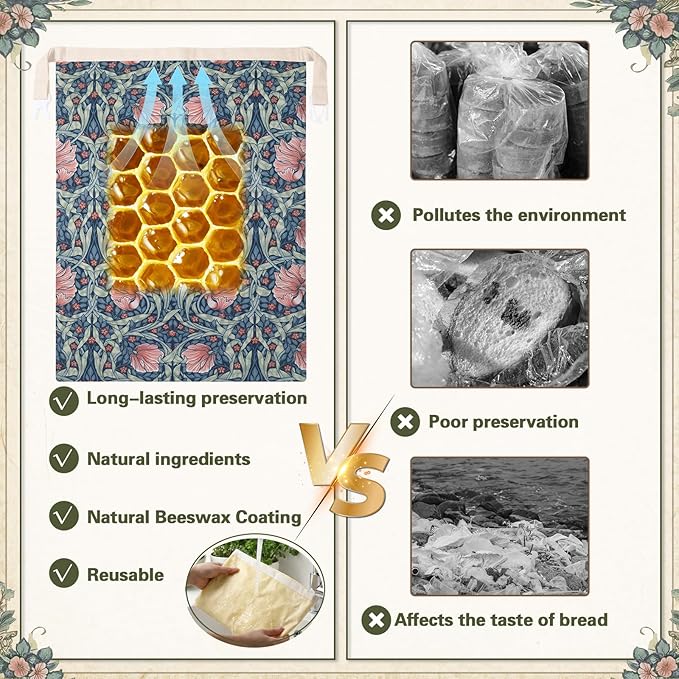 Reusable Beeswax Bread Bags for Homemade Bread Sourdough (2 Pcs 13x17in Bags + 10in Bowl Cover) Floral Cotton 100% Natural Beeswax Coating, Plastic-free Food Storage Wrap(Blue Flower)