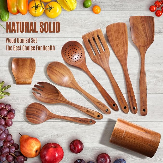 Wooden Spoons for Cooking, 9 PCS Teak Wood Cookware Utensil Set - Smooth Finish, Non-Stick, Comfortable Grip, Heat Resistant Kitchen Utensils Gift Box