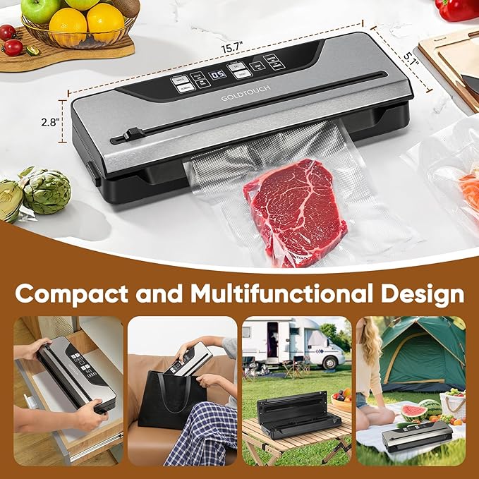 Vacuum Sealer for Food, Electric Food Vacuum Sealer Machine with Digital Display, 8 Preset Modes, Built-in Cutter, Includes 3 Food Storage Containers & Full Starter Kit