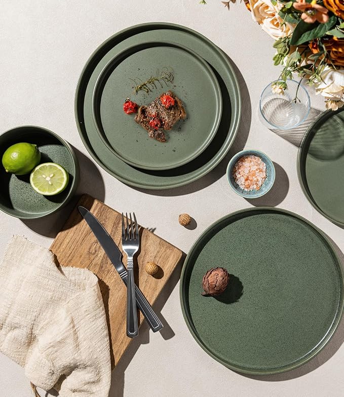 LERATIO Ceramic Dinnerware Sets for 4, High Edge Stoneware Plates and Bowls Set, Chip and Crack Resistant | Oven & Dishwasher & Microwave Safe Dishes Set, Service for 4 -Green
