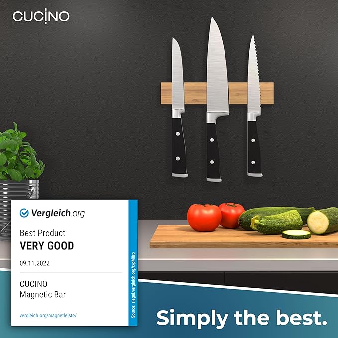 CUCINO Magnetic Knife Holder for Wall 10" No Drilling incl. Self Adhesive Tape - Extra strong Knife Holder - Awarded Knife Magnetic Strip - Made of Bamboo