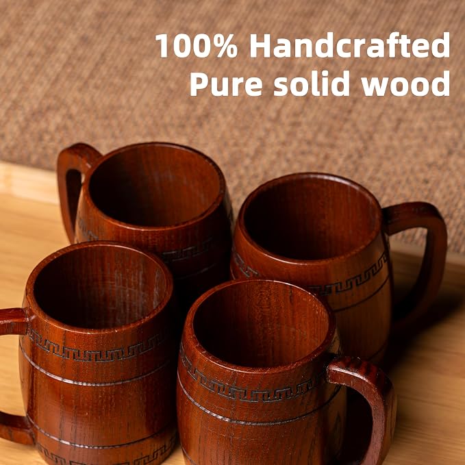 Wooden Beer Mug for Man Woman - 2 pcs Vintage Beer Viking Stein Cups, 12 oz Handmade Wood Camping Barrel Gift for Dad Friend Family Drink Coffee Tea
