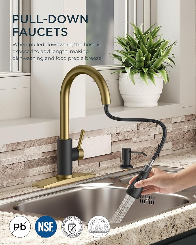 FORIOUS Kitchen Faucets with Soap Dispenser and Pull Down Sprayer, Bar High Arc Single Handle Classic 3 Modes Stainless Steel Faucet for Kitchen Sink Farmhouse RV Laundry Camper, Black Gold