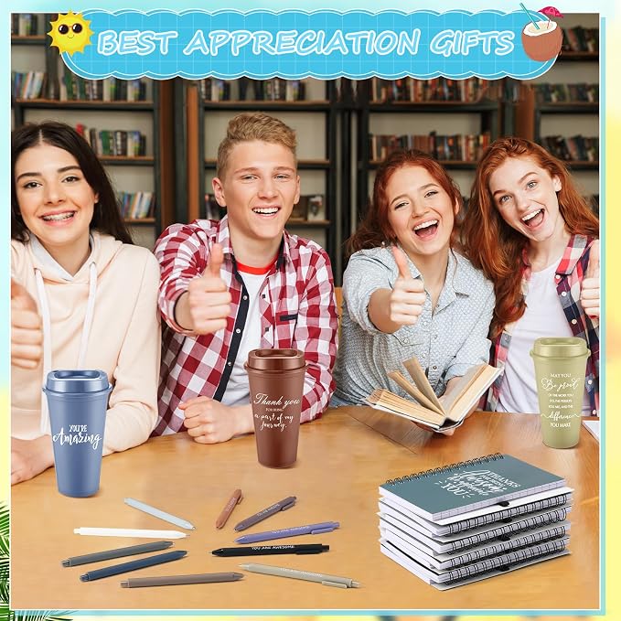 Teenyyou 90 Pcs Employee Appreciation Gift Set, 16oz Tumbler with Lid Notebook Pen Bulk Thank You Gift Holiday Party Favor for Teachers Office Coworker Teacher Staff Team (Dark Color,Delicate Style)