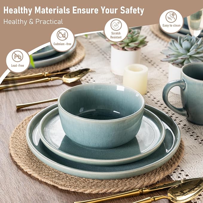 GBHOME Ceramic Dinnerware Sets for 6, 18 Pieces Stoneware Plates and Bowls Sets, Scratch Resistant Dishes, Dishwasher & Microwave Safe, Reactive Glaze-Malachite Green