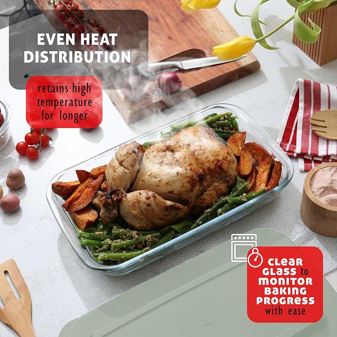 EATEX 16-Piece Deep Glass Casserole Dishes for Oven with Plastic lids, Rectangular Glass Baking Dish Set, Baking Pans for Lasagna,Leftovers, Cooking, Kitchen, Freezer-to-Oven & Dishwasher, Sage Green