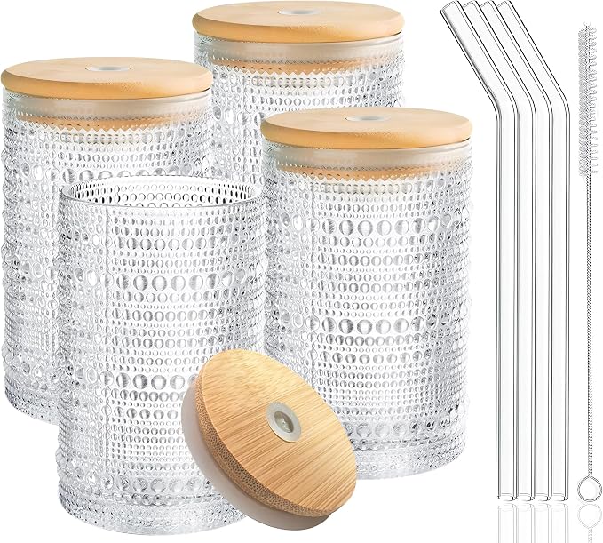 Hobnail Drinking Glasses with Bamboo Lids and Glass Straw 4Pcs Set - 14oz Vintage Glass Cups, Water Glasses, Iced Coffee Glasses, Cute Tumbler Cup, Ideal for Cocktail, Whiskey, Gift - Cleaning Brushes