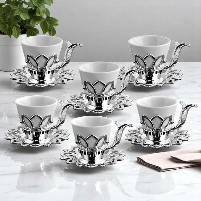 Alisveristime (Set of 6) Turkish Coffee Set with Porcelain Cups, Zamac Holders & Saucers – 80ml Capacity, Ottoman Motif, 4 Color Options (Silver)