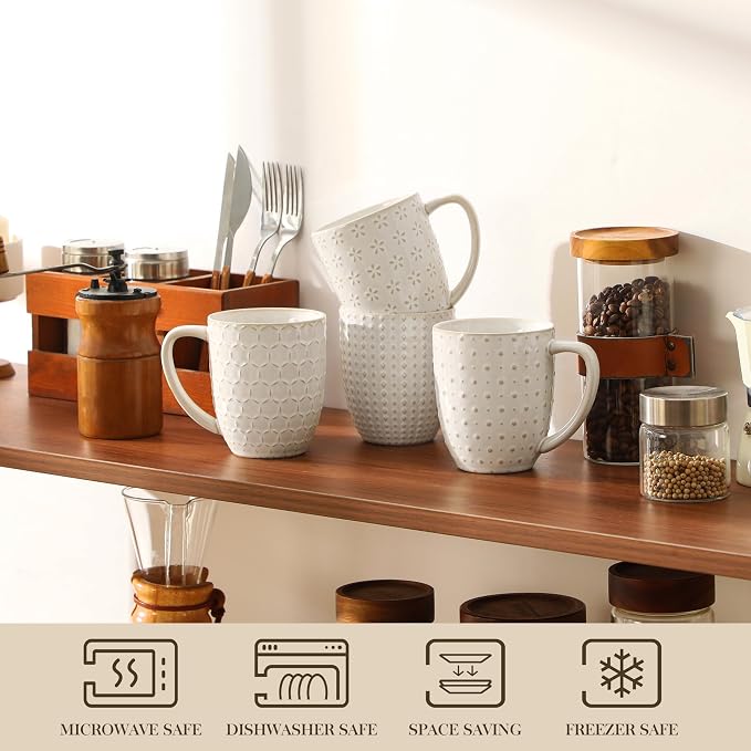 MALACASA LYDIA Coffee Mugs Set of 4, 16 Oz Ceramic White Cups with Handles, Embossed Cups for Latte Cappuccino Mocha, Dishwasher Microwave Safe, Gift Set for Coffee Lovers