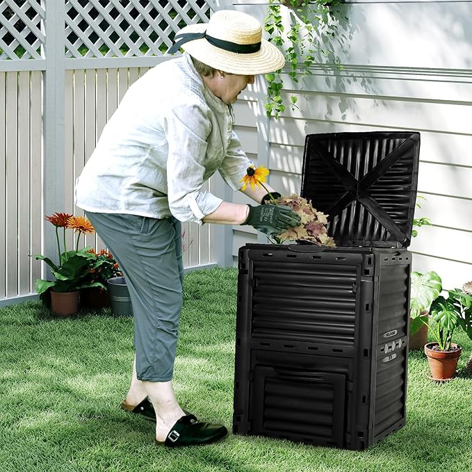 Compost Bin Outdoor 80 Gallon (300L) Large Compost Bin Composter with w/Top Flip Latch-on Lid BPA-Free Composter Barrel for Garden, Kitchen, and Yard Waste, Black, Easy Assembly