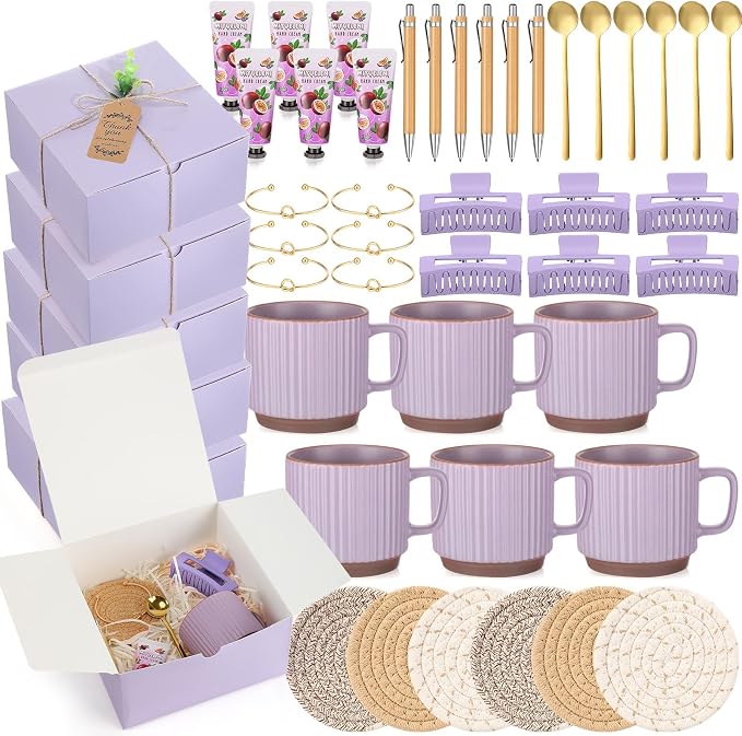Reallnaive 61 Pcs Baby Shower Prizes for Game Winners Include Ceramic Mug Coaster Hand Cream Pen Spoon Bracelet Hair Clip Card Gift Box with Raffia for Guests Gender Reveal Bridal Shower Party(Purple)