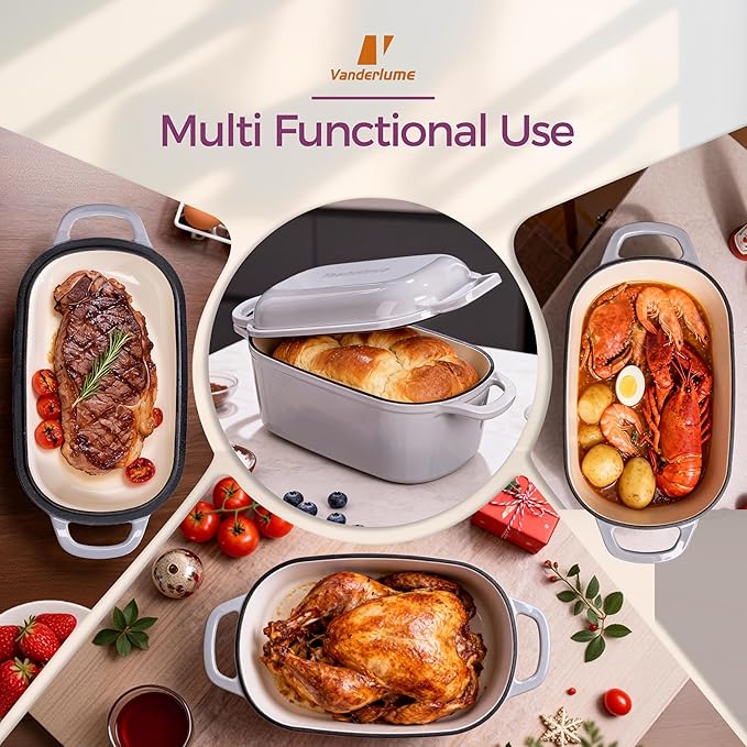 4.6-Quart Oval Dutch Oven for Bread Baking, 2 in 1 Cast Iron Bread Pan with Lid, Sourdough Baking Pan for a Crispy Crust, Oyster Grey