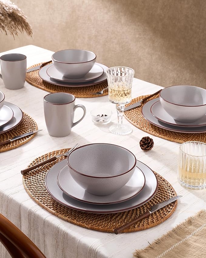 Famiware Venus 24-Piece Stoneware Dinnerware Sets with Mugs, Plates, Bowls, Service for 6, Matte Light Gray - Modern Ceramic Chip‑Resistant Dishes for Everyday & Formal, Microwave & Dishwasher Safe