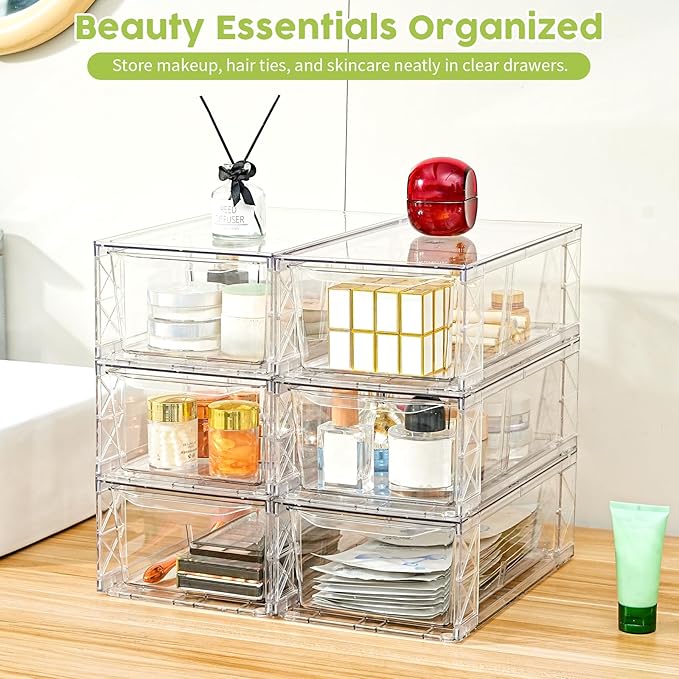 Plastic Drawers Storage, 6Pack Clear Stackable Storage Drawers, Acrylic Storage Bins with Drawers for Fridge Organizers, PlasticDrawers Stackable for Makeup Organizers Cosmetic Display, Medium