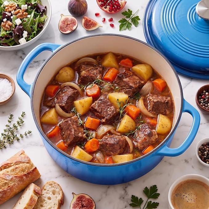 DUMOS Cast Iron Dutch Oven, 6 Quart Pot with Lid, Enameled Heavy Duty Cookware, Oven Safe to 500°F, Perfect for Bread Baking, Braising, Stews and Roasting, Moisture Sealing Lid with Dual Handles, Gradient Blue