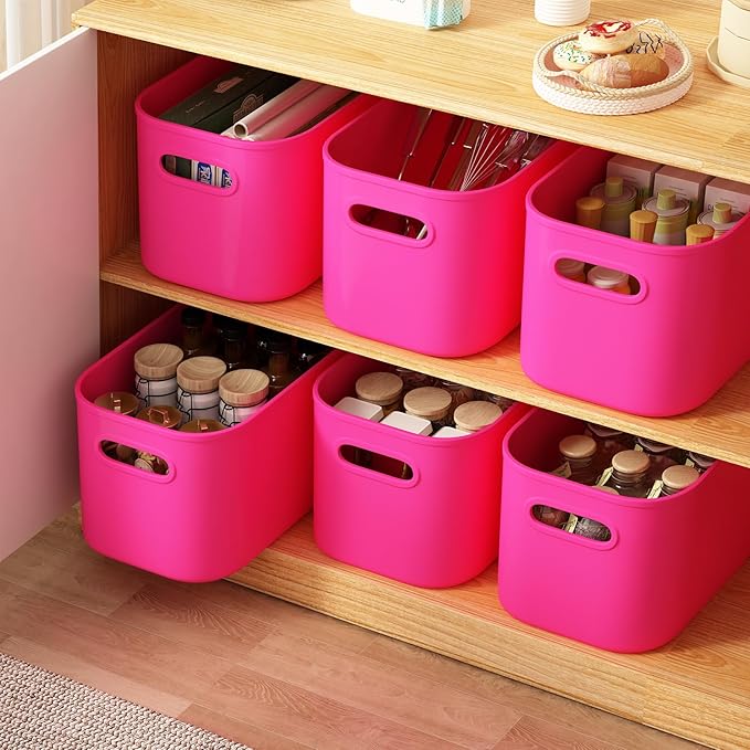 ORGIDOL 8 Pack Pink Storage Bins with Lids Stackable Storage Container for Organizing, Storage Boxes with Handle for Shelves, Cute Storage Bin for Craft, Snacks, 9.85x6.9x5.7 inch