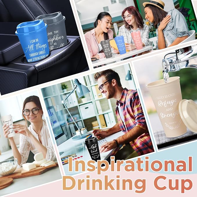 Skylety 40 Pack Bulk Christian Gifts for Men Women 16oz Reusable Bible Verse Tumbler Plastic Coffee Cup with Lid Inspirational Religious Church Gift for Teacher Graduation Party Favor (Morandi Color)