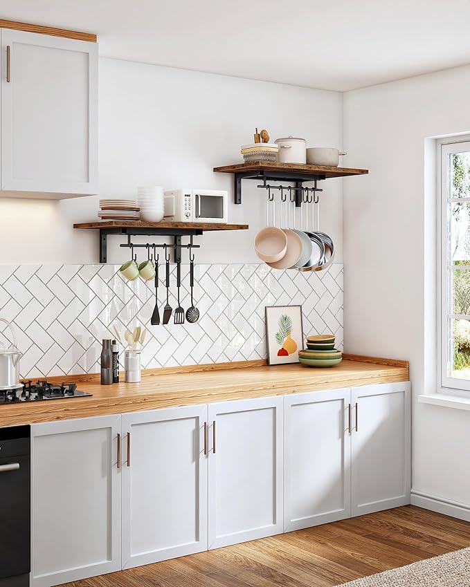 CHOEZON Wall-Mounted Pot Racks, Set of 2 Hanging Pot Rack, Floating Shelves, Wall Shelves, Vintage Pot Hangers for Kitchen, Wall Rack for Kitchen Storage, Rustic Brown and Black TPR26P2BF