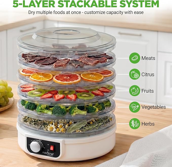 NutriChef Food Dehydrator Machine | Dehydrate Beef Jerky, Meats, Mushrooms, Fruits & Vegetables | Great For At Home Use | Uses High-Heat Circulation for Even Dehydration | 5 Easy to Clean Trays.