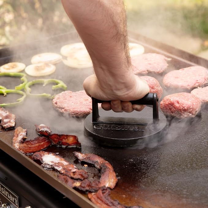 Cuisinart 6.5" Cast Iron Smashed Burger Press, Round Flat Edge Grill Press for Crispy Smash Burgers, Burger Tool for Grill and Griddle Accessories, for BBQs and Tailgates