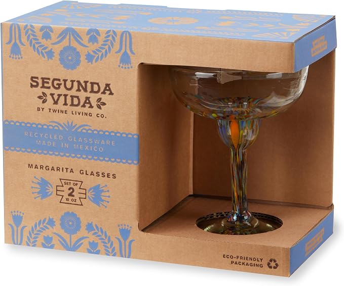 Twine Segunda Vida Artistico Margarita Bar Glasses, Mexican Margarita Glasses Margarita Set Home Cocktail Bar Gifts, 100% Recycled Glass, Multicolor 10oz Set of 2