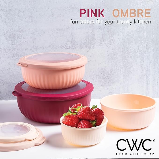 COOK WITH COLOR Prep Bowls with Lids- Wide and Deep Nesting Plastic Small Mixing Bowl Set with Lids, 8 Piece Set - Wide Bowls, Rose