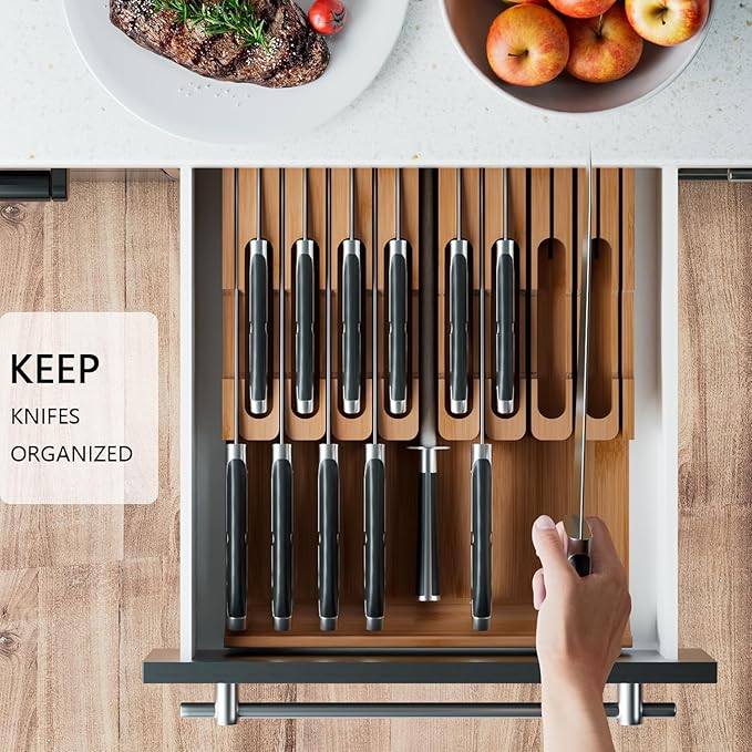 Domax Bamboo In-drawer Knife Block - Knife Drawer Organizer Insert Large Handle Steak Knife Holder, Kitchen Drawer Knife Organizer Fits for 16 knives and 1 Sharpening Steel (Not Included), Walnut