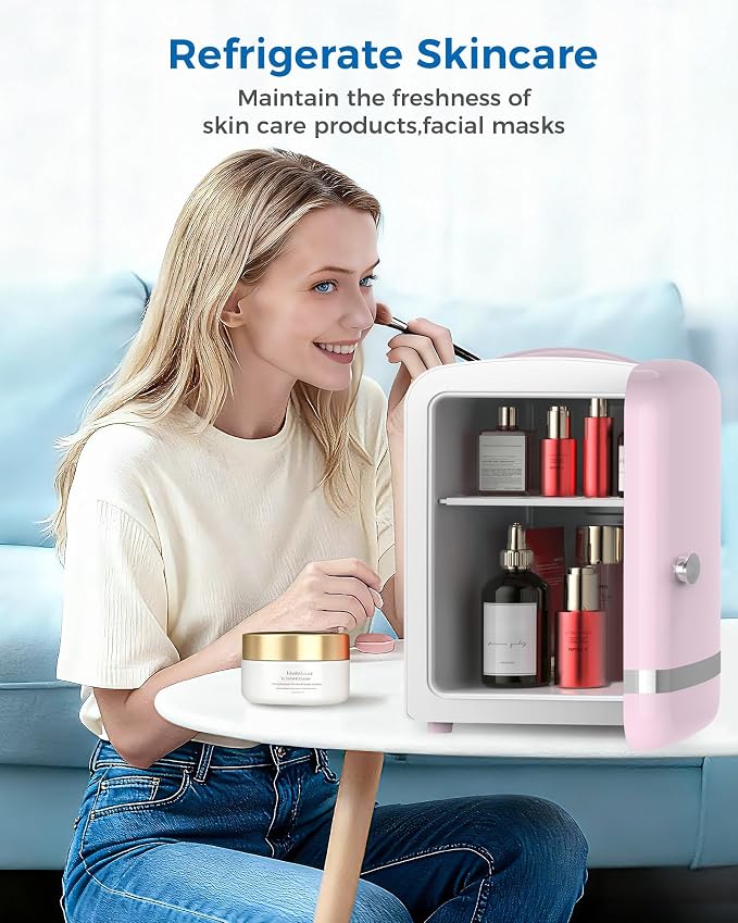 Electactic Mini Fridge for Skincare, 4L/6 Cans Portable Compact Cosmetic Fridge, Retro Desktop Fridge with AC/DC Adapters, Small Cooler and Warmer for Beverage, Makeup, Bedroom, Office, Kids, Pink
